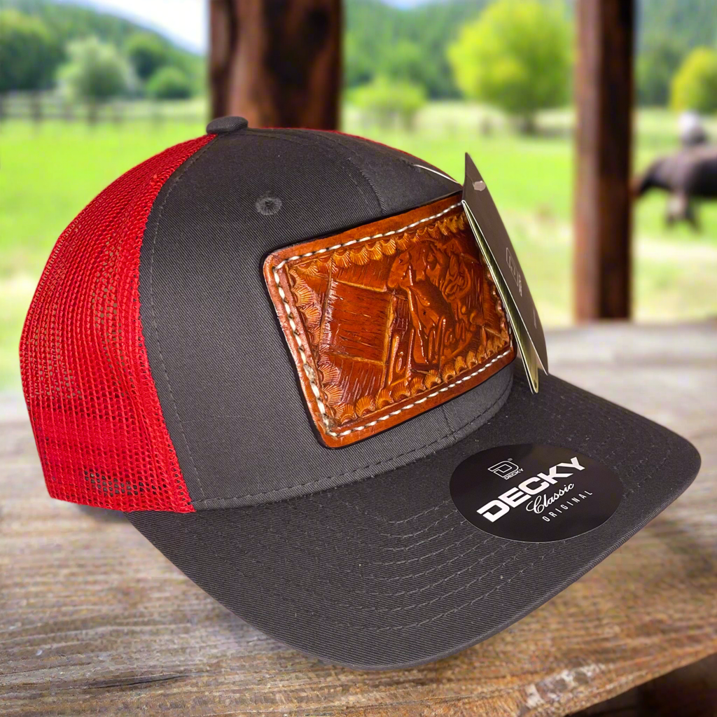 Custom Hand Tooled Leather Patch Hat Trucker Style - Charcoal/Red