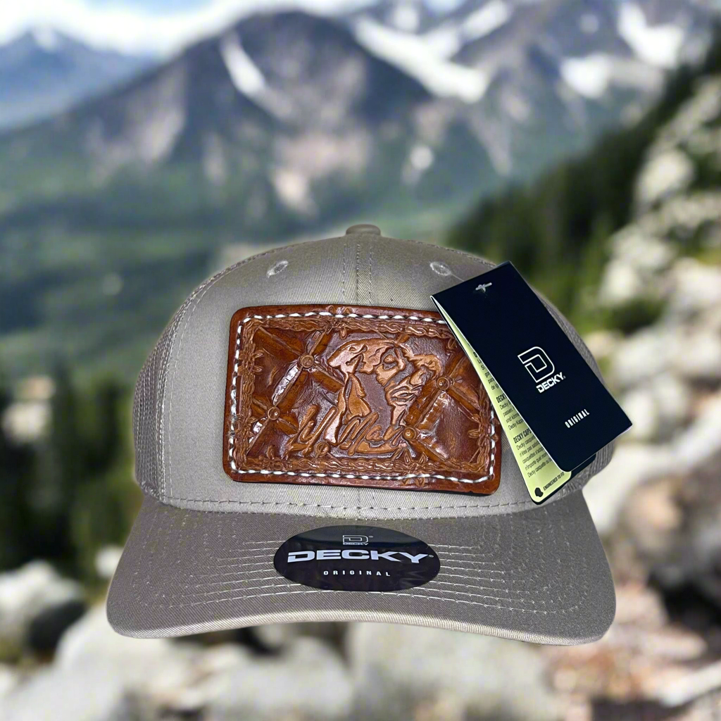 Custom Hand Tooled Leather Patch Hat Trucker Style - Khaki
