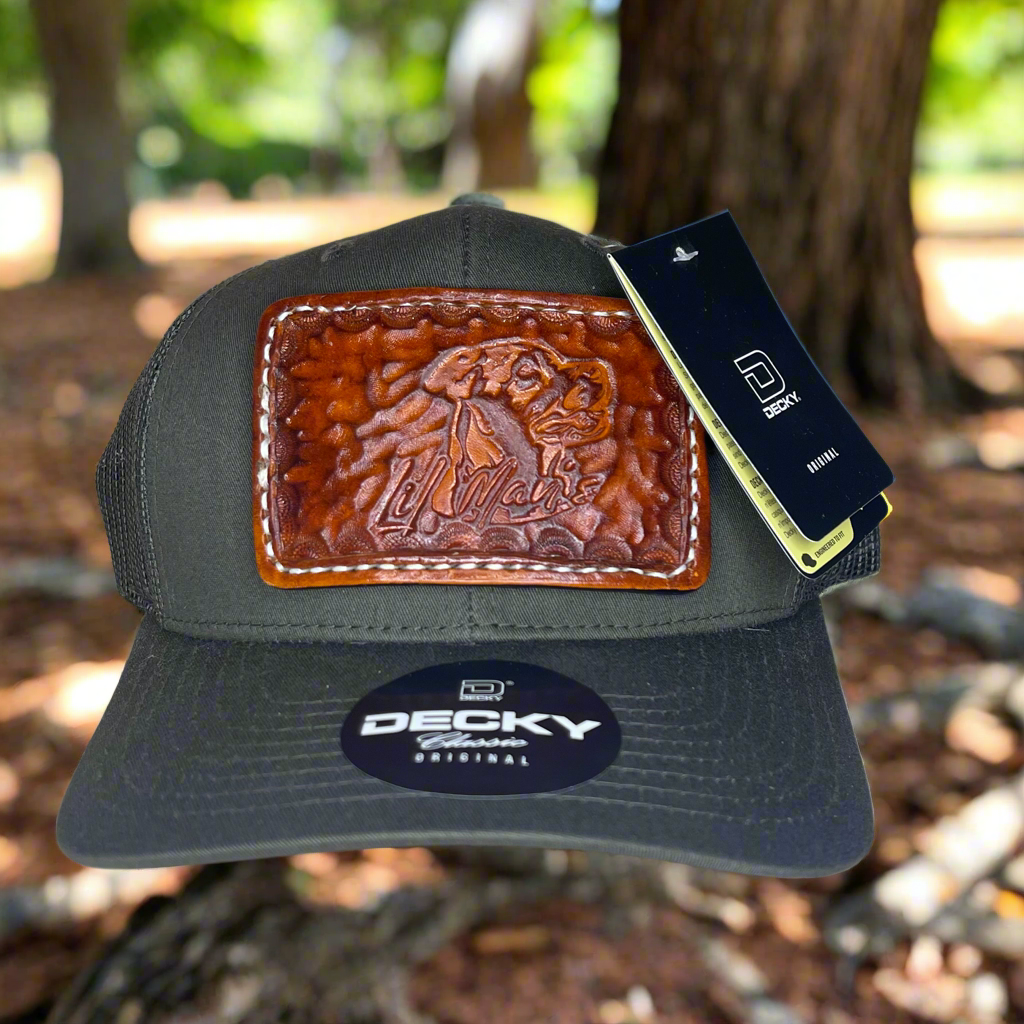Custom Hand Tooled Leather Patch Hat Trucker Style - Olive