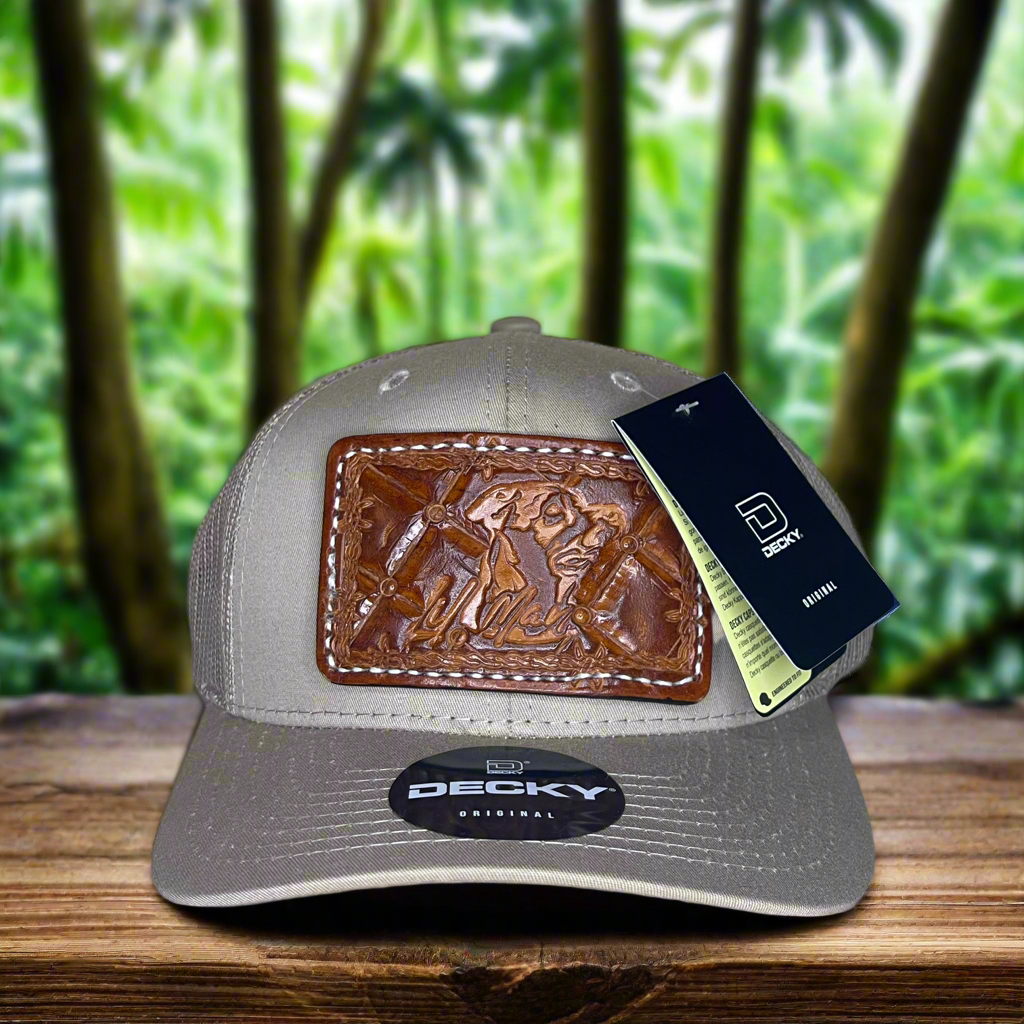 Custom Hand Tooled Leather Patch Hat Trucker Style - Khaki