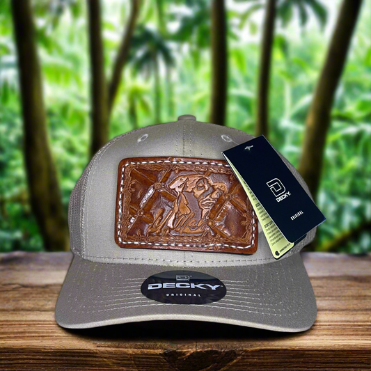 Custom Hand Tooled Leather Patch Hat Trucker Style - Khaki