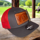 Custom Hand Tooled Leather Patch Hat Trucker Style - Charcoal/Red