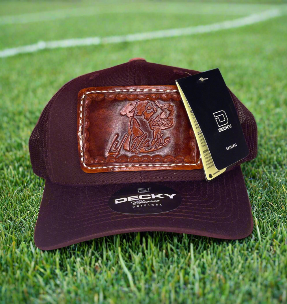 Custom Hand Tooled Leather Patch Hat Trucker Style - Maroon