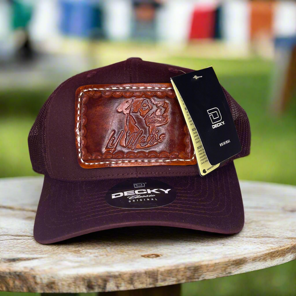 Custom Hand Tooled Leather Patch Hat Trucker Style - Maroon