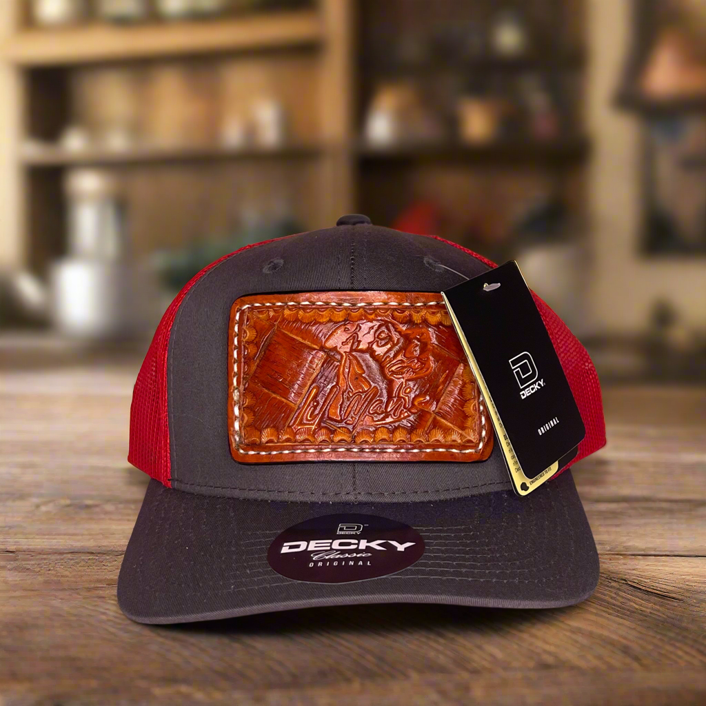 Custom Hand Tooled Leather Patch Hat Trucker Style - Charcoal/Red