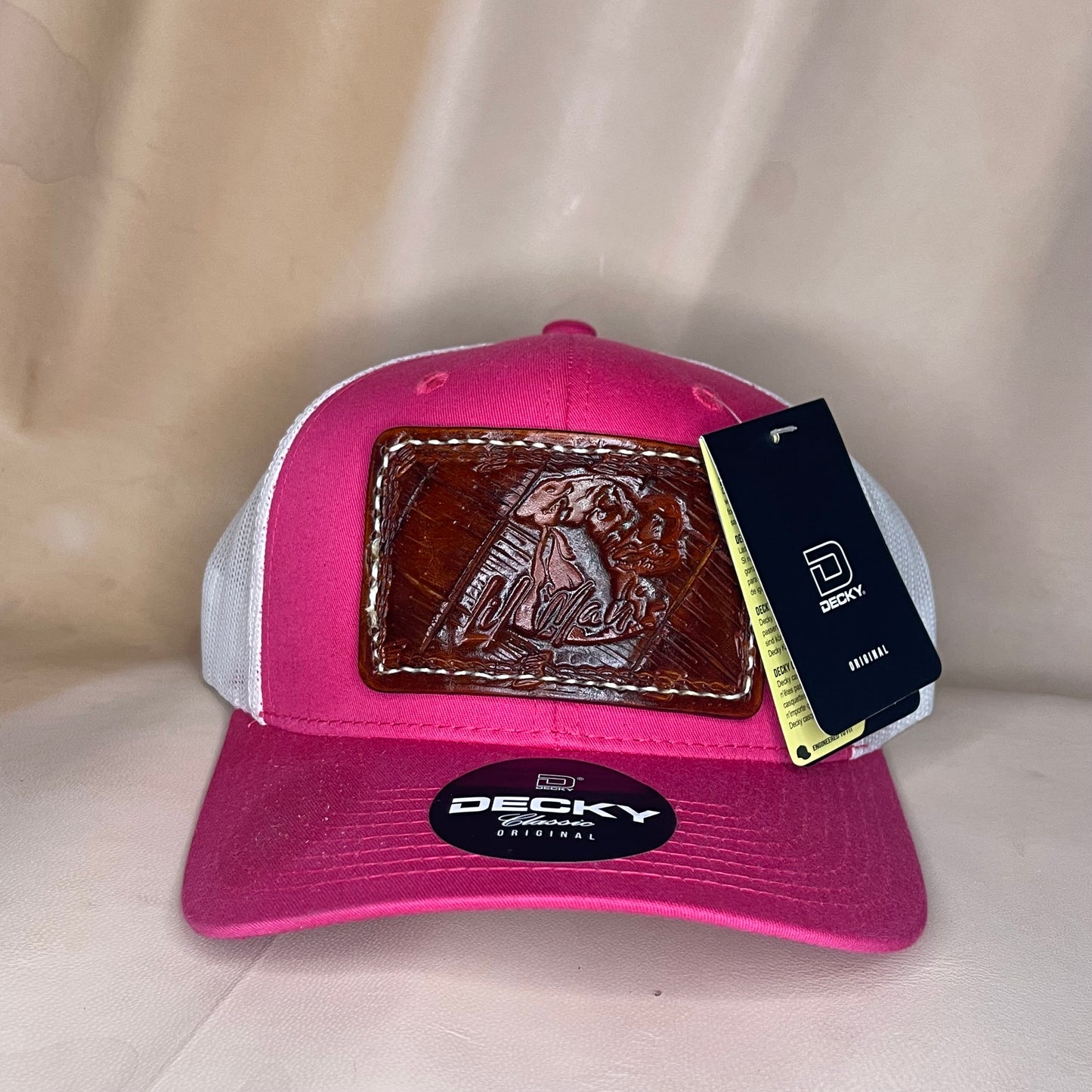 Custom Hand Tooled Leather Patch Hat Trucker Style -          Hot Pink/White