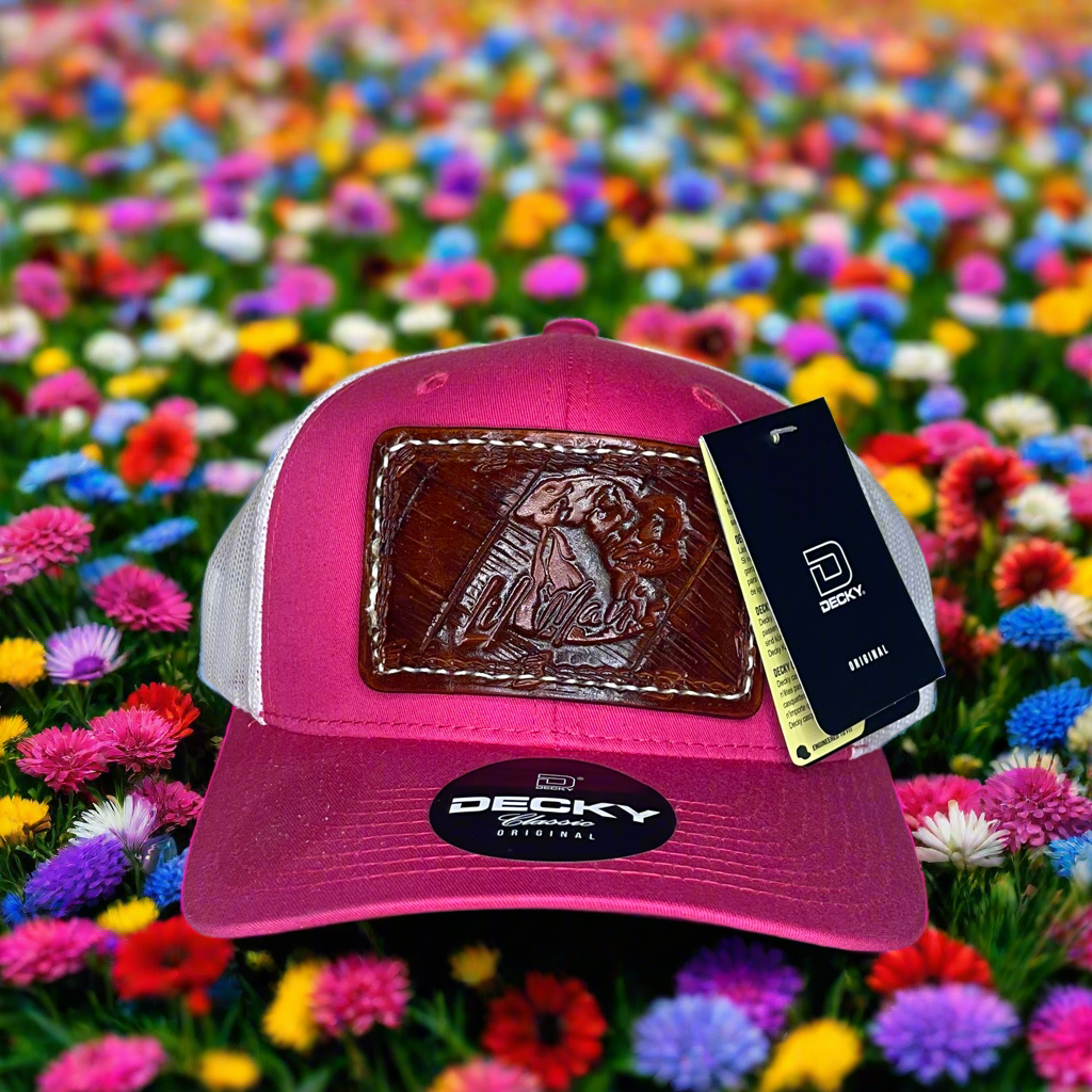 Custom Hand Tooled Leather Patch Hat Trucker Style -          Hot Pink/White