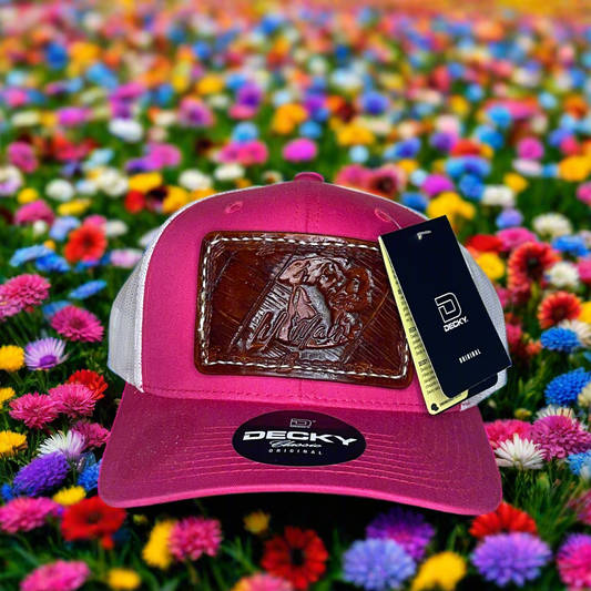 Custom Hand Tooled Leather Patch Hat Trucker Style -          Hot Pink/White