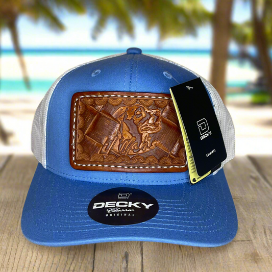 Custom Hand Tooled Leather Patch Hat Trucker Style -         Sky/White