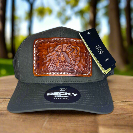 Custom Hand Tooled Leather Patch Hat Trucker Style - Olive