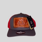 Custom Hand Tooled Leather Patch Hat Trucker Style - Charcoal/Red
